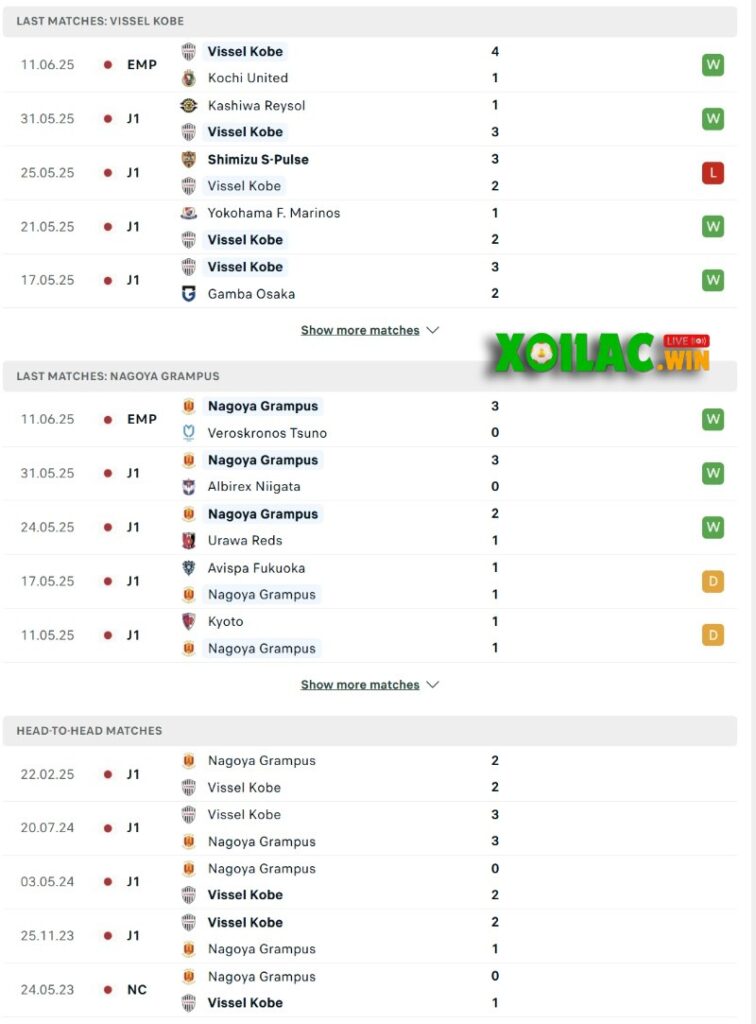 Phong độ và lịch sử đối đầu của Vissel Kobe vs Nagoya Grampus