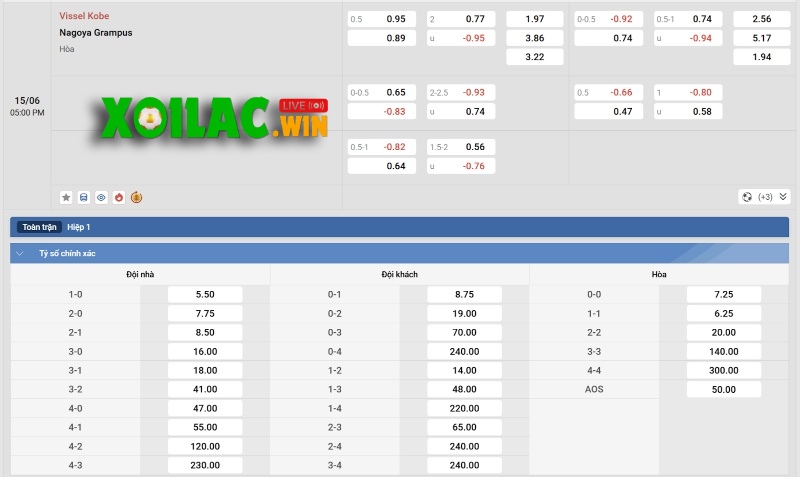 Tỷ lệ kèo của Vissel Kobe vs Nagoya Grampus